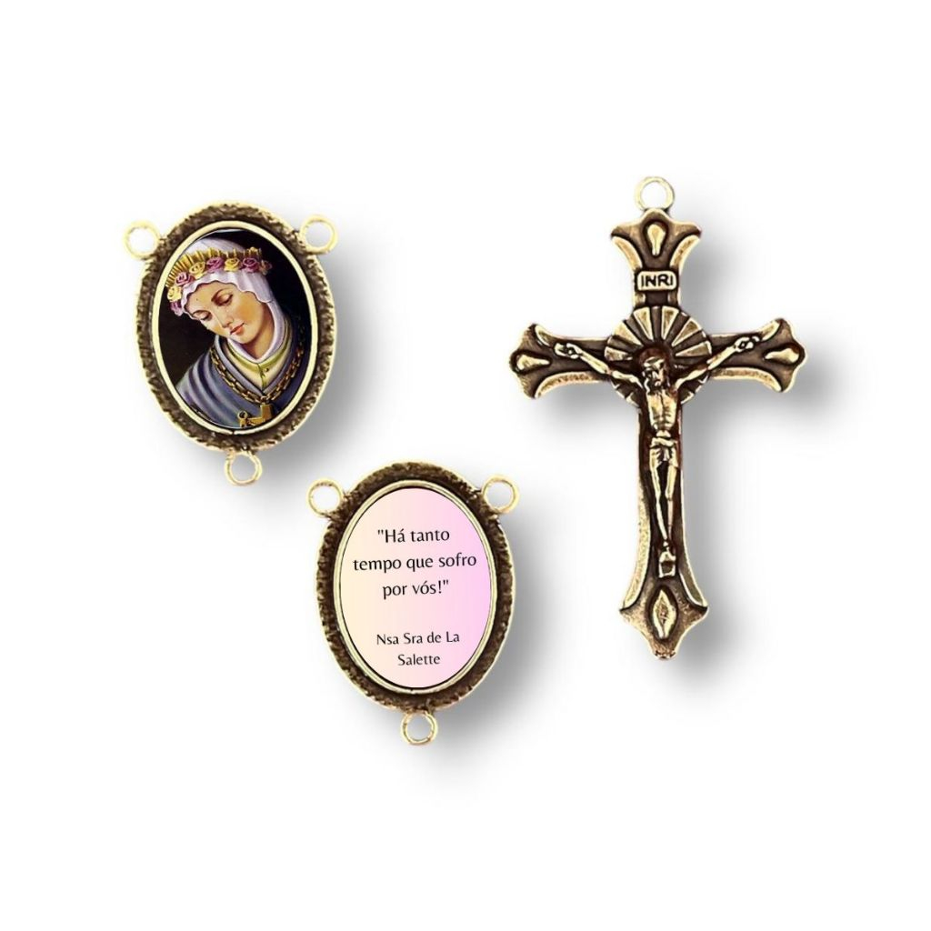 Entremeio Nossa Senhora Lá Salette + Crucifixo 5 Pares - Entremeio duplo para Terço Niquel e Ouro velho Terços católicos
