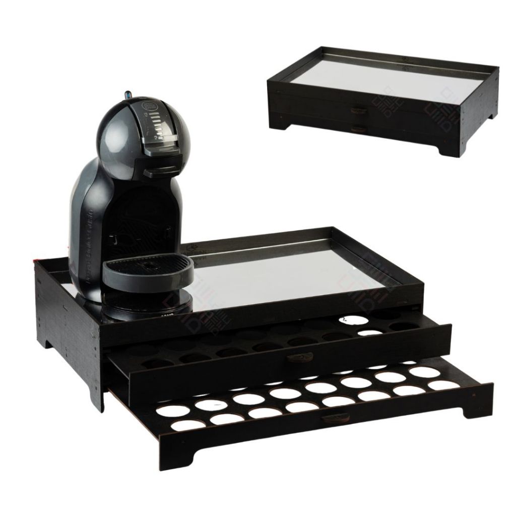 Bandeja Decorativa Com 2 Gavetas Porta 80 Capsulas Preta Espelhada Cantinho do Cafe Mdf Ap...