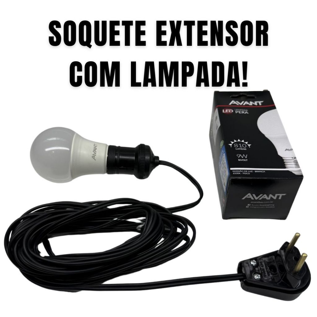 Fio Soquete Extensor com Rabicho e lampada de Brinde, 3, 5, 10, 15, 20 e 30 Metros