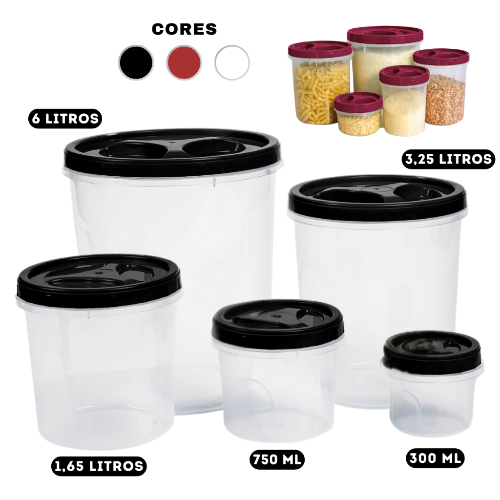 Kit Porta Mantimentos Com Tampa de Rosca Jogo de 5 ou 4 Potes Conjunto Transparente
