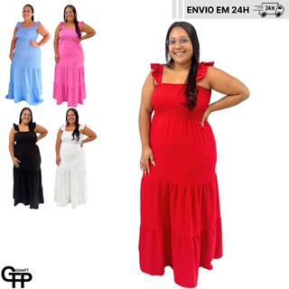 Vestido Plus Size Feminino Moda Evangélica Alça Ciganinha Com Lastex Tecido Duna Curve em Oferta na Shopee