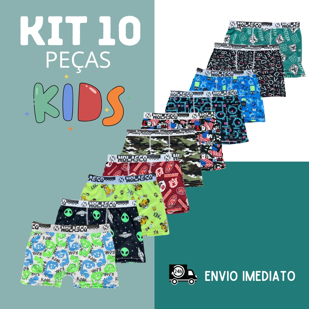 Cuecas Box Boxer Infantil kit 10 Cueca Kids De Microfibra Menino lisa/estampada