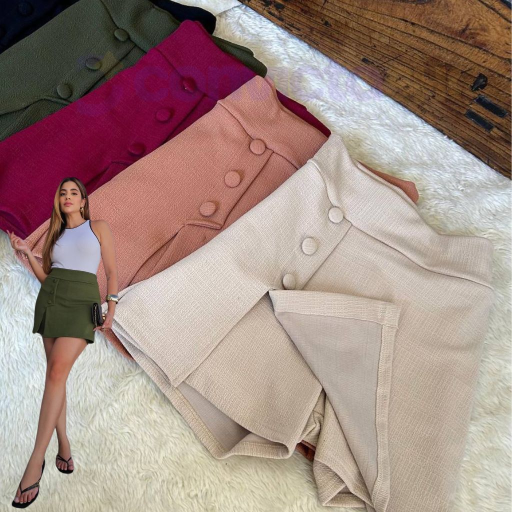 Short Saia Cintura Alta de Linho com Elastano e Botões Forrado com Fenda Feminino Moda Social em Oferta na Shopee