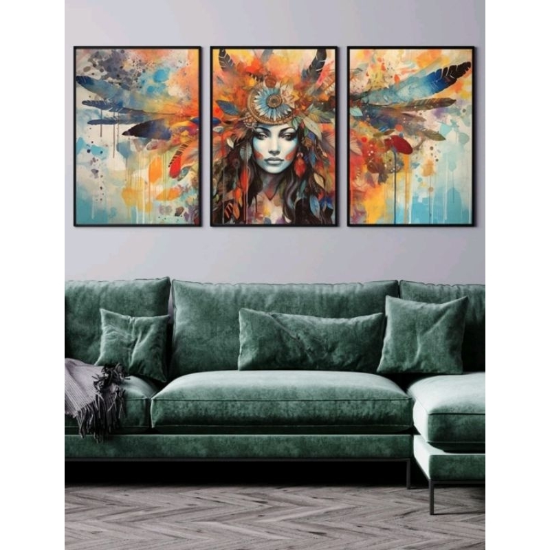 Quadro Decorativo Índia Coçar Asas Sala Quarto Escritório Hall 3 Peças