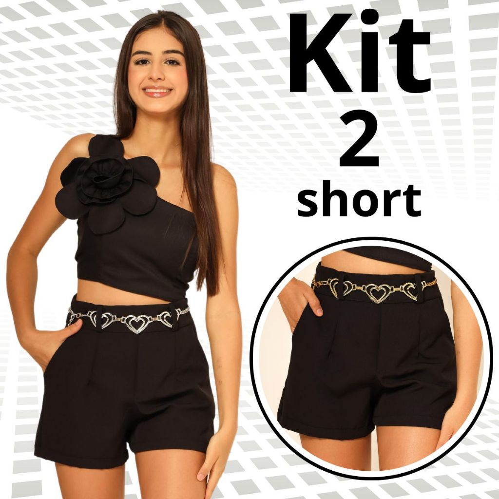 Kit 2 Shorts Alfaiataria Feminino Social Cintura Alta Com Cinto Disfarça Barriga Luxo