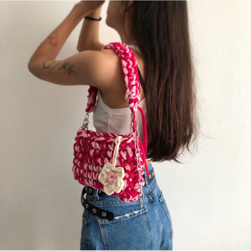 Bolsa de crochê flower tons de rosa (fio de malha PREMIUM) em Oferta na Shopee