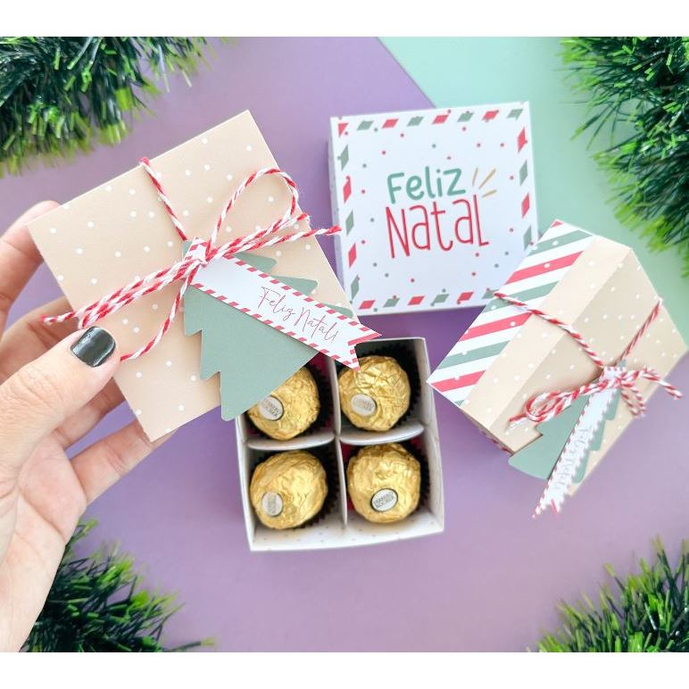 Caixa 4 doces Natal - Caixinha para docinhos Natal 60/80/100 caixinhas