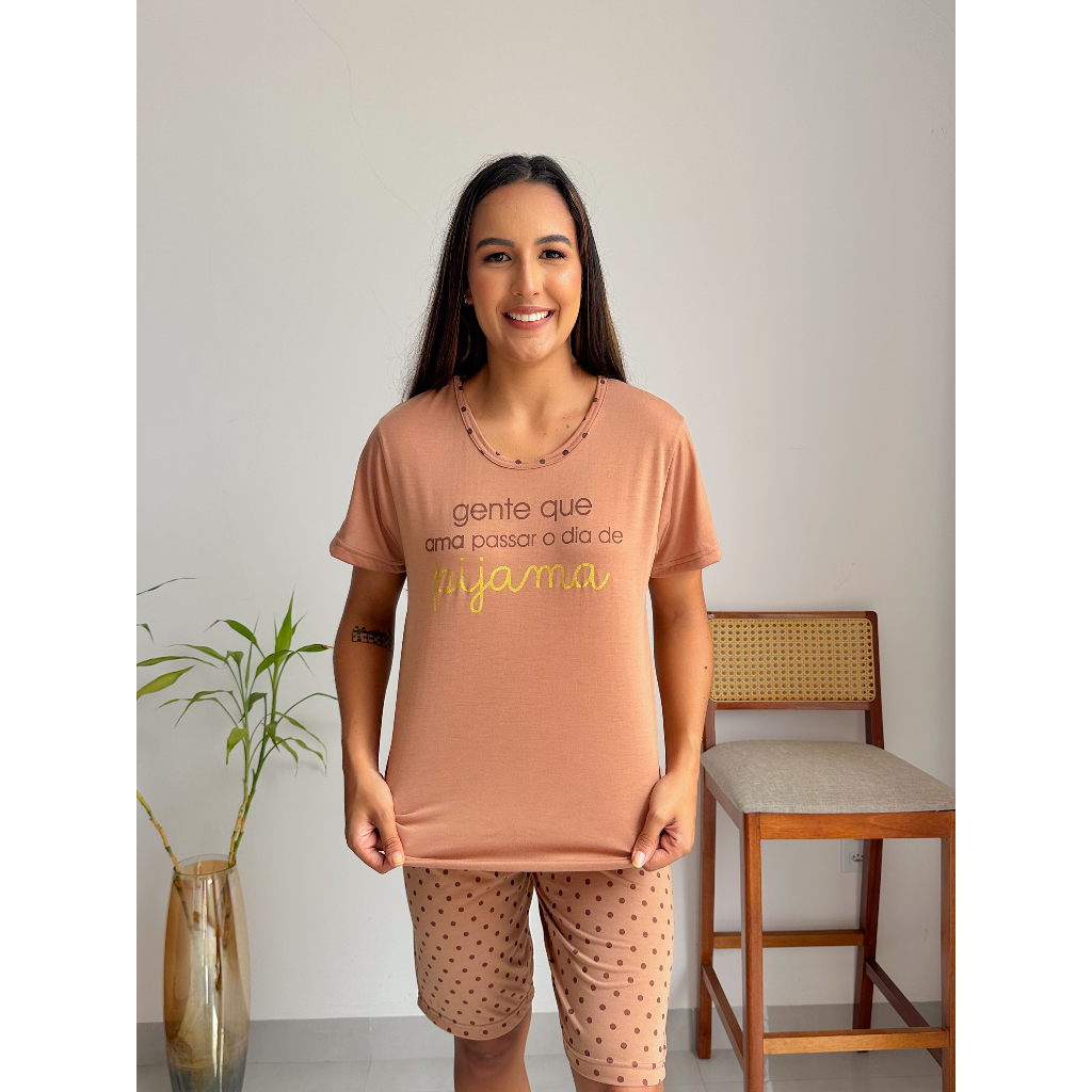 Pijama Feminino Pescador com Blusa de Manga e Bermuda em Oferta na Shopee