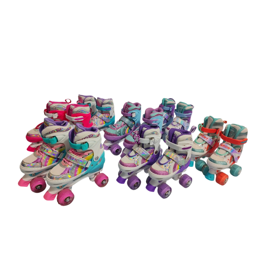 Patins 4 Rodas ARCO ÍRIS Com Luz De Led E Glitter Top + Kit de Proteção