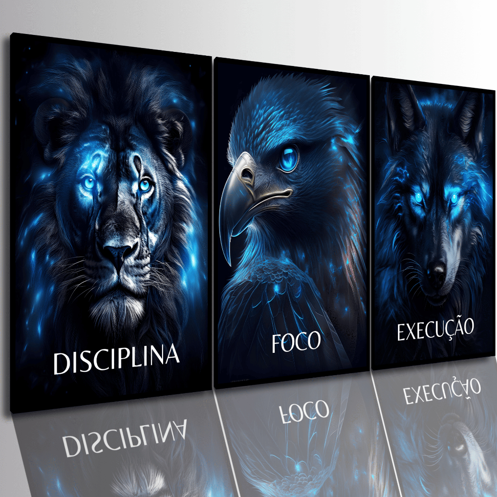 Quadros Decorativos Leão Águia Foco Disciplina Motivacional Moderno sala Quarto
