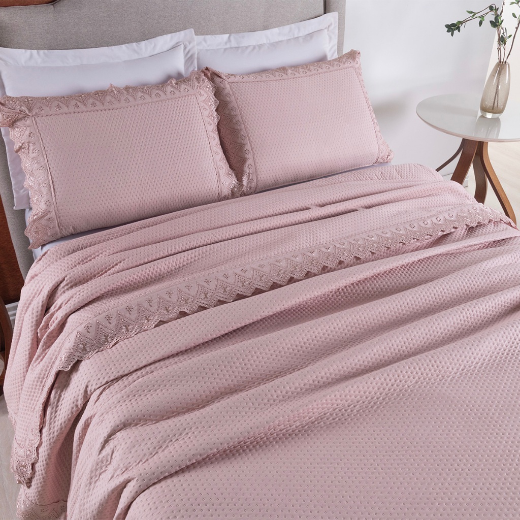Kit Colcha Cobre Leito Cama Queen 3 peas percal 300 Fios com Bordado MADRI