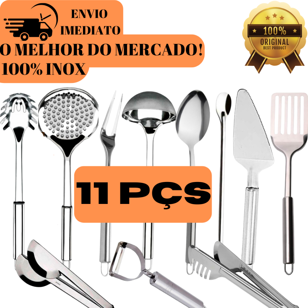 KIT 11 Utensilios Para Cozinha 100% Inox COLHER CONCHA ESPATULAS ESCUMADEIRA PEGADORES