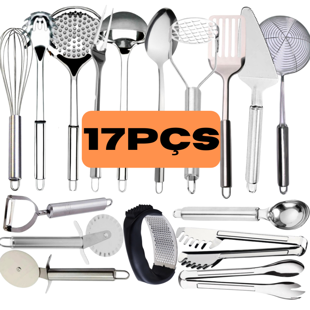 Jogo Kit 17 Talheres Utensílios De Aço 100% Inox Original Multiuso Para Sua Cozinha