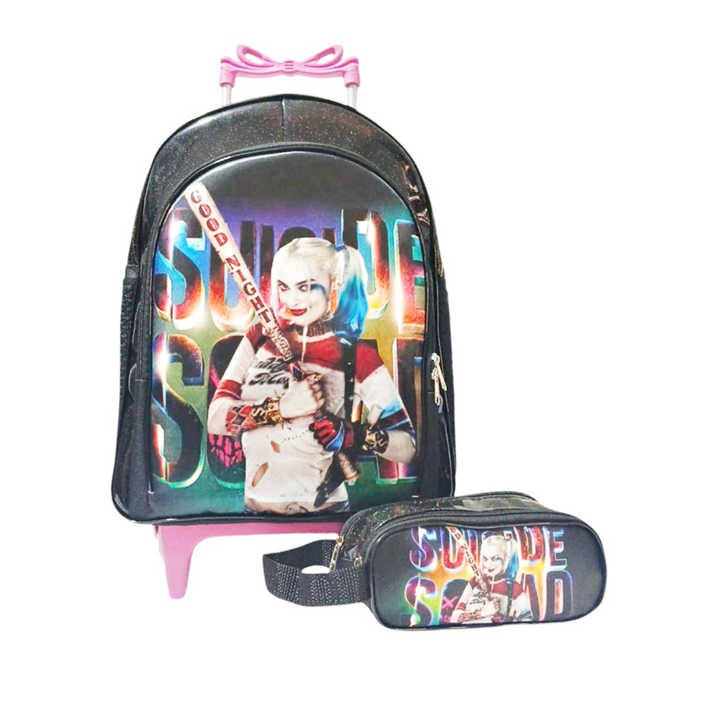 Mochila Rodinhas Arlequina Esquadrao Suicida + Estojo de Lápis Duplo