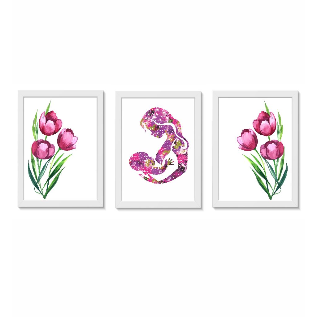 Kit 3 Quadros Decorativos  Amamentação Mãe e Bebê Consultório Clínica Molduras 20x30cm Vidro Cor Brancas