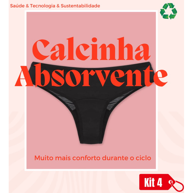 kit 4 Calcinha Absorvente Menstrual Feminina Reutilizável e Incontinência Urinária Leve