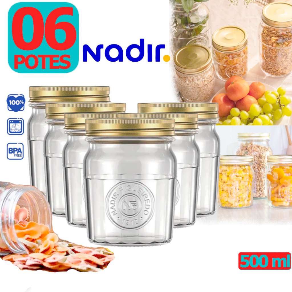 Jogo Kit 06 Unidades Pote Americano Nadir Vintage 500ml P/mantimentos, Conserva Alimentos