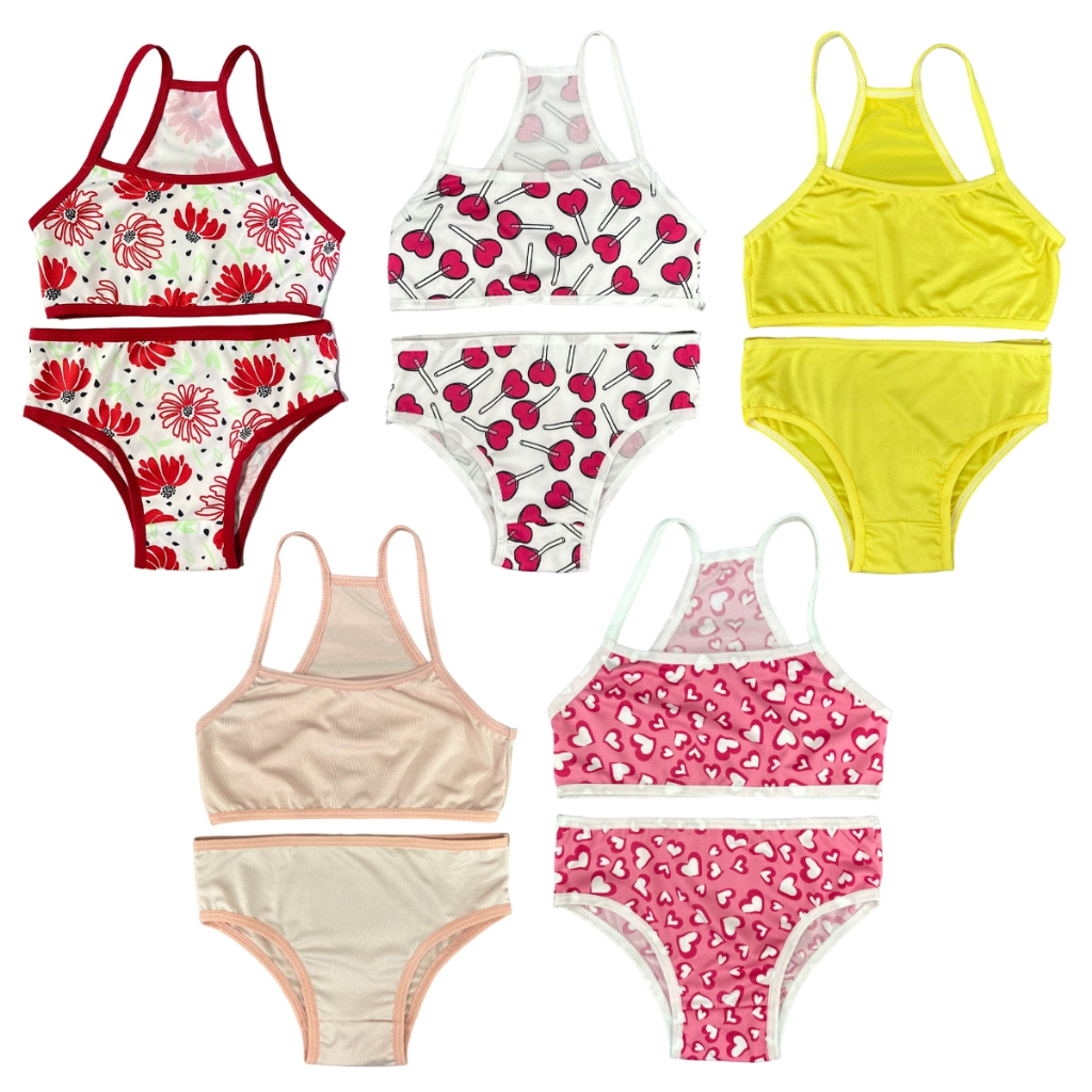 Kit 5 Conjunto Infantil Liso Estampado Nadador Menina Moça Juvenil Toper Calcinha Microfibra Lisa