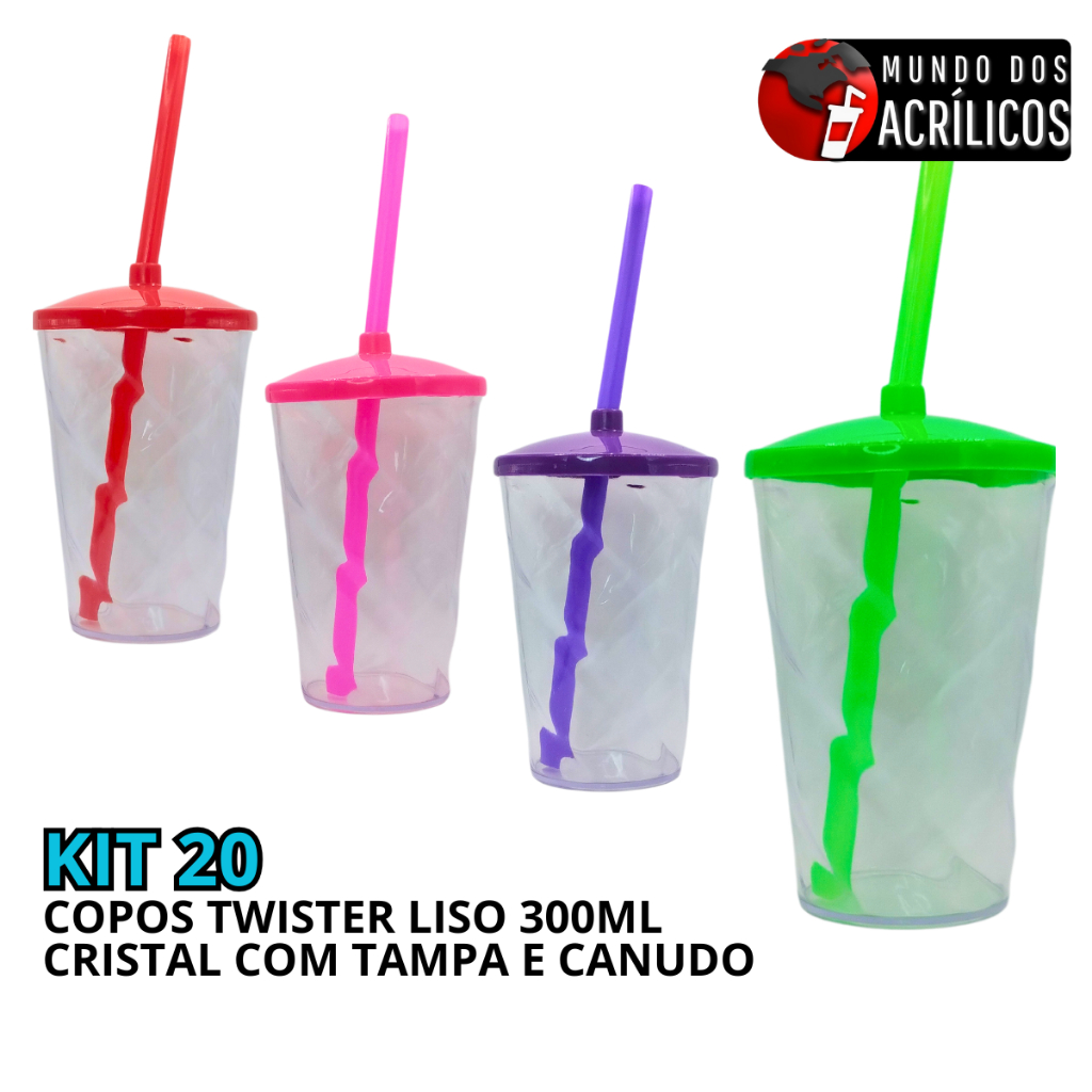 KIT 20 COPOS TWISTER 300ML CRISTAL COM TAMPA E CANUDO PARA PERSONALIZAR ADESIVAR FESTA