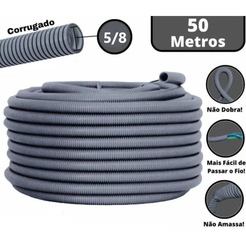 Conduite Eletroduto Corrugado Cinza 5/8 50 Metros Reforçado PEAD Alta Qualidade