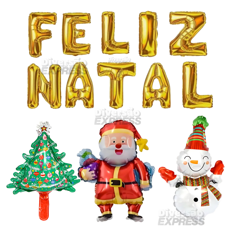 KIT COM BALÃO BEXIGA METALIZADA FELIZ NATAL DOURADO PAPAI NOEL ARVORE BONECO NEVE KIT A SUA ESCOLHA