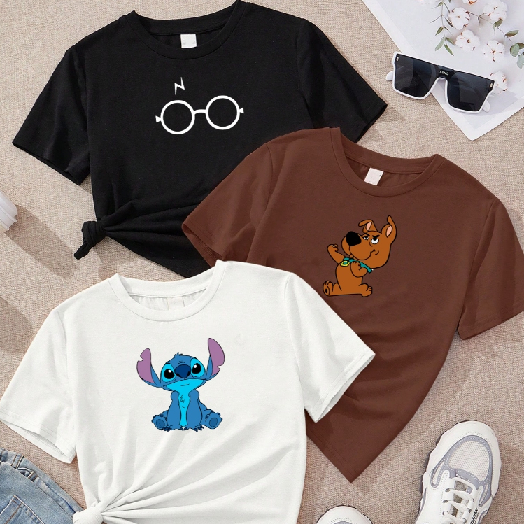 camiseta feminina de algodão kit com 3 Oculos harry baby scoob lilo stitch marrom preta Off white em Oferta na Shopee