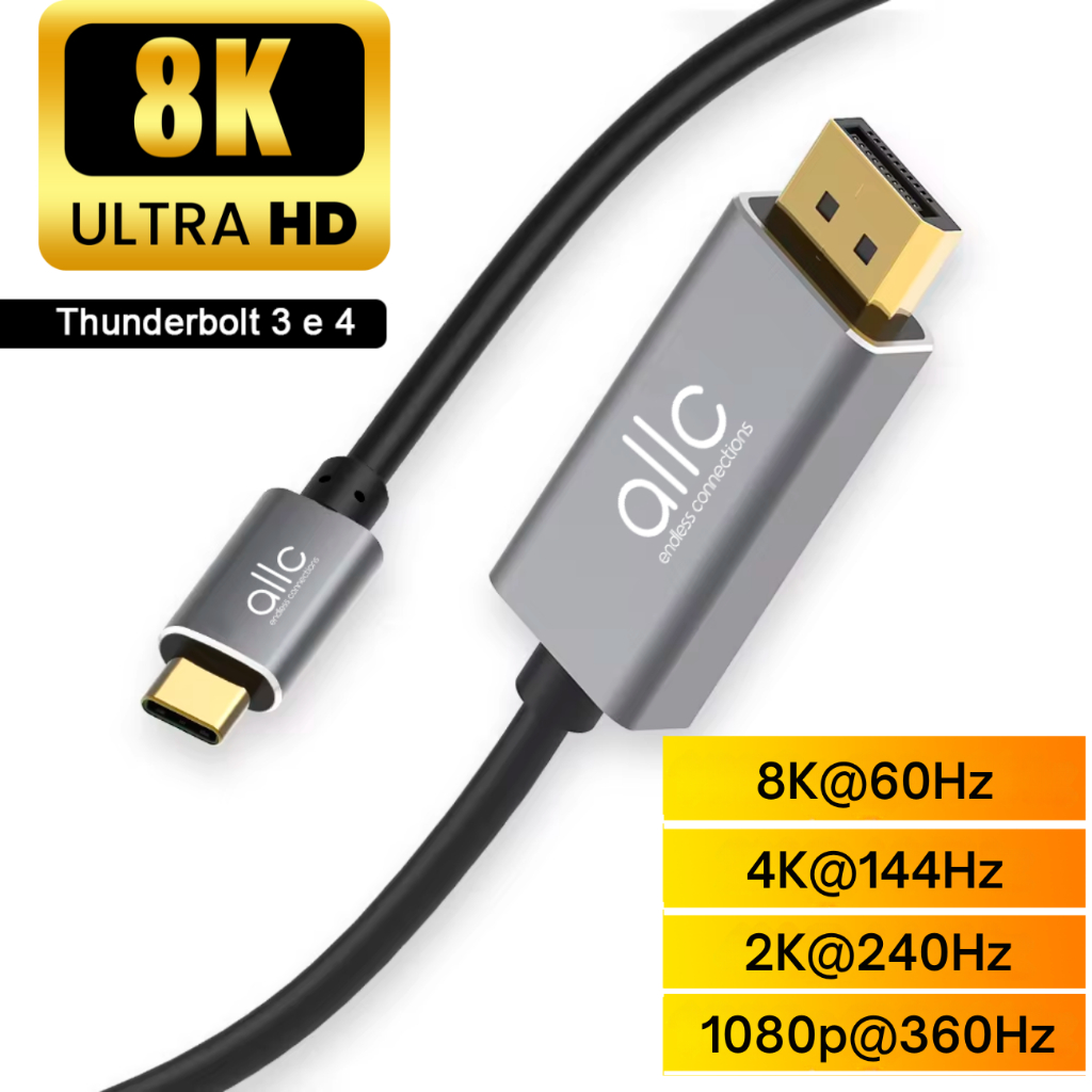 Cabo Adaptador USB-C Displayport 1.8 Metros 8k 60hz 4k 144hz 2K 240Hz Thunderbolt Dp 1.4 Tipo C ALLC em Oferta na Shopee