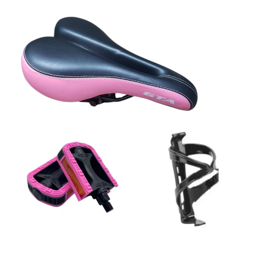 Selim Banco Vazado Couro C/ Carrinho Confort Bicicleta Gta Cor Rosa + Pedal bicolor rosca fina rosa+ suporte garrafa