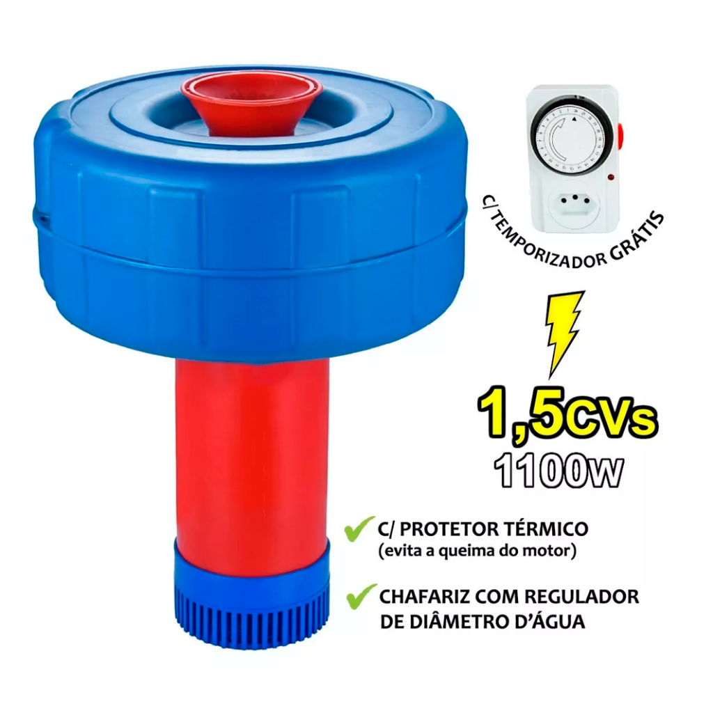 Aerador Peixe com Bomba Flutuante Tanque Chafariz Piscicultura 1,5CV ou 3CV Alta Oxigenação