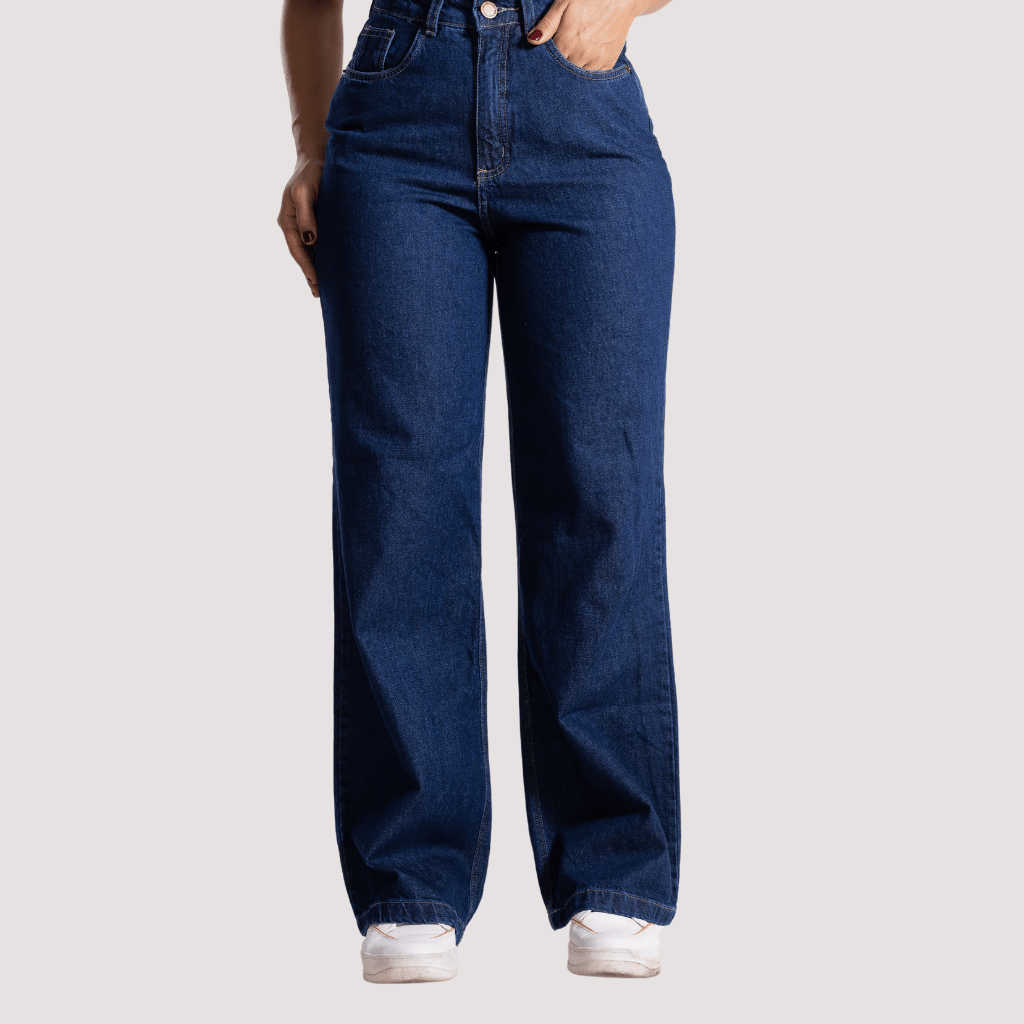 Calça jeans feminina wide leg pantalona cintura alta azul escuro