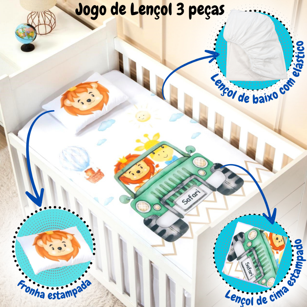 Jogo de lençol para BERÇO PADRÃO AMERICANO ou MINI BERÇO 3 peças baixo com elástico + cima + fronha