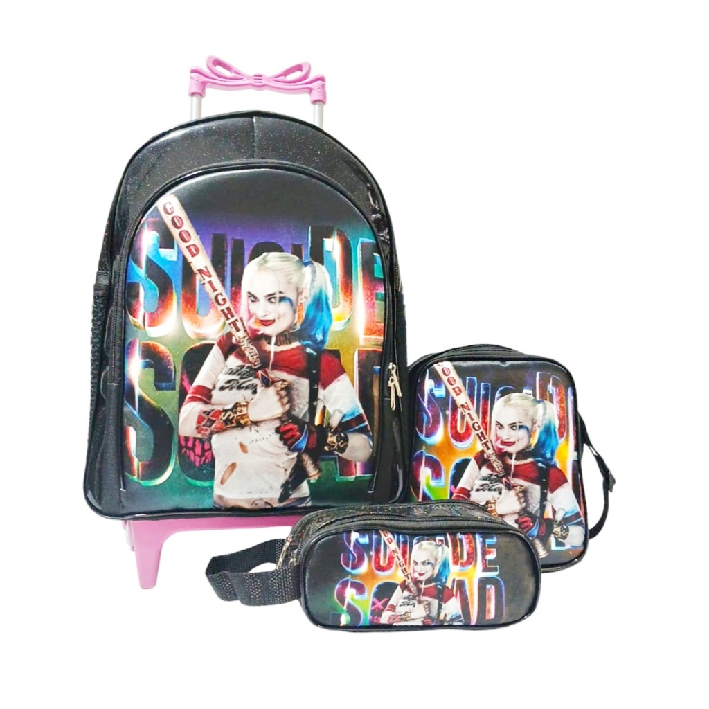 Mochila Rodinhas Arlequina Esquadrao Suicida Lancheira Estojo Kit