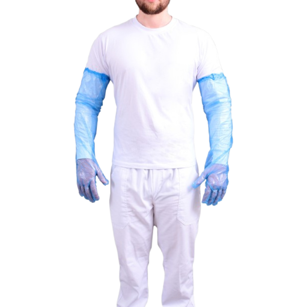 Kit 100 Luva Plástica Cano Longo Golfrada 65cm Elástico Impermeável Frigorífico Agricultura Indústria química