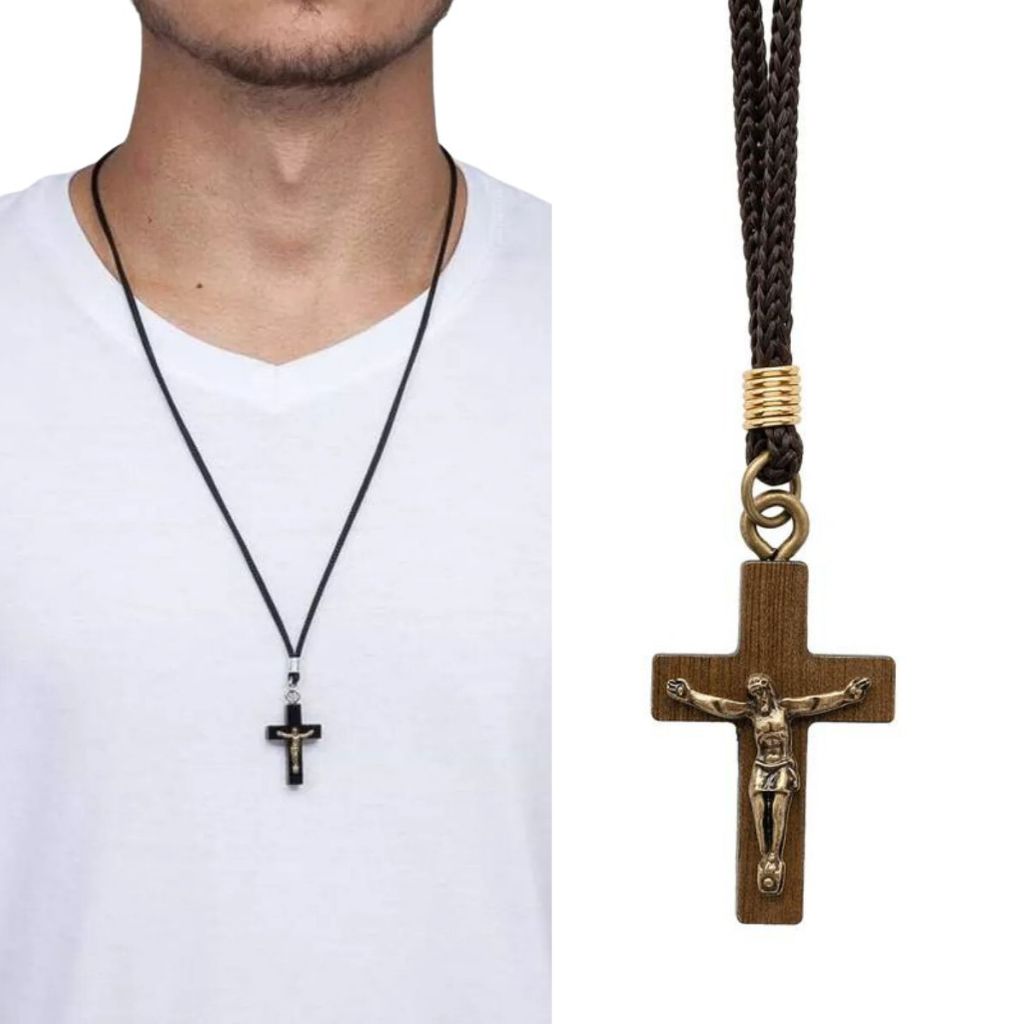Colar Cordão Crucifixo Madeira Tradicional 35cm Marrom Preto em Oferta na Shopee