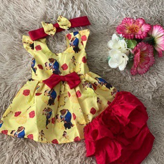 Conjunto Menina Bebê Carinho Temático a Bela e a Fera +Laço de Cabelo +Calcinha