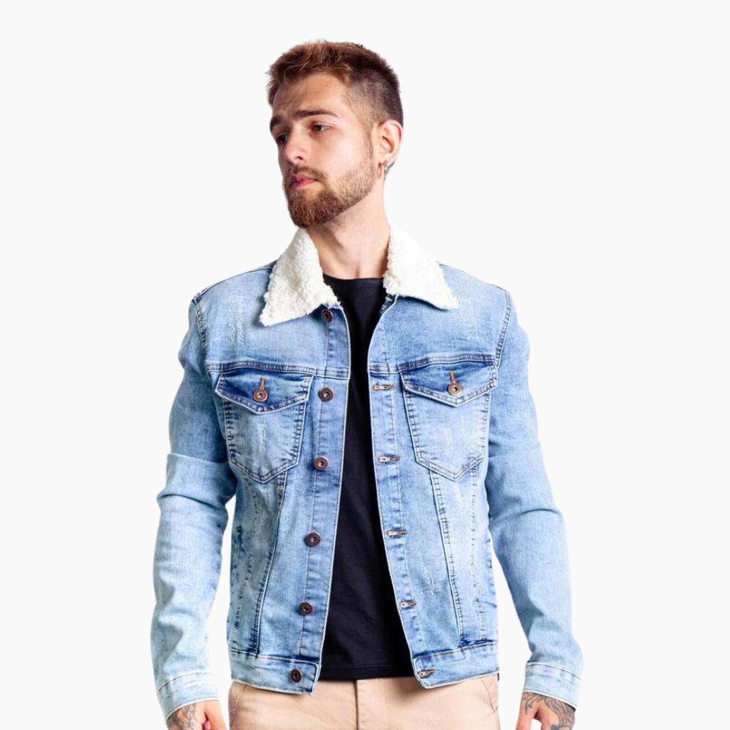 Jaqueta Jeans Masculina Slim Forrada Pelo Na Gola Pelinho Pelucia Sarja Alpaca Casaco Frio Inverno Grife Lançamento