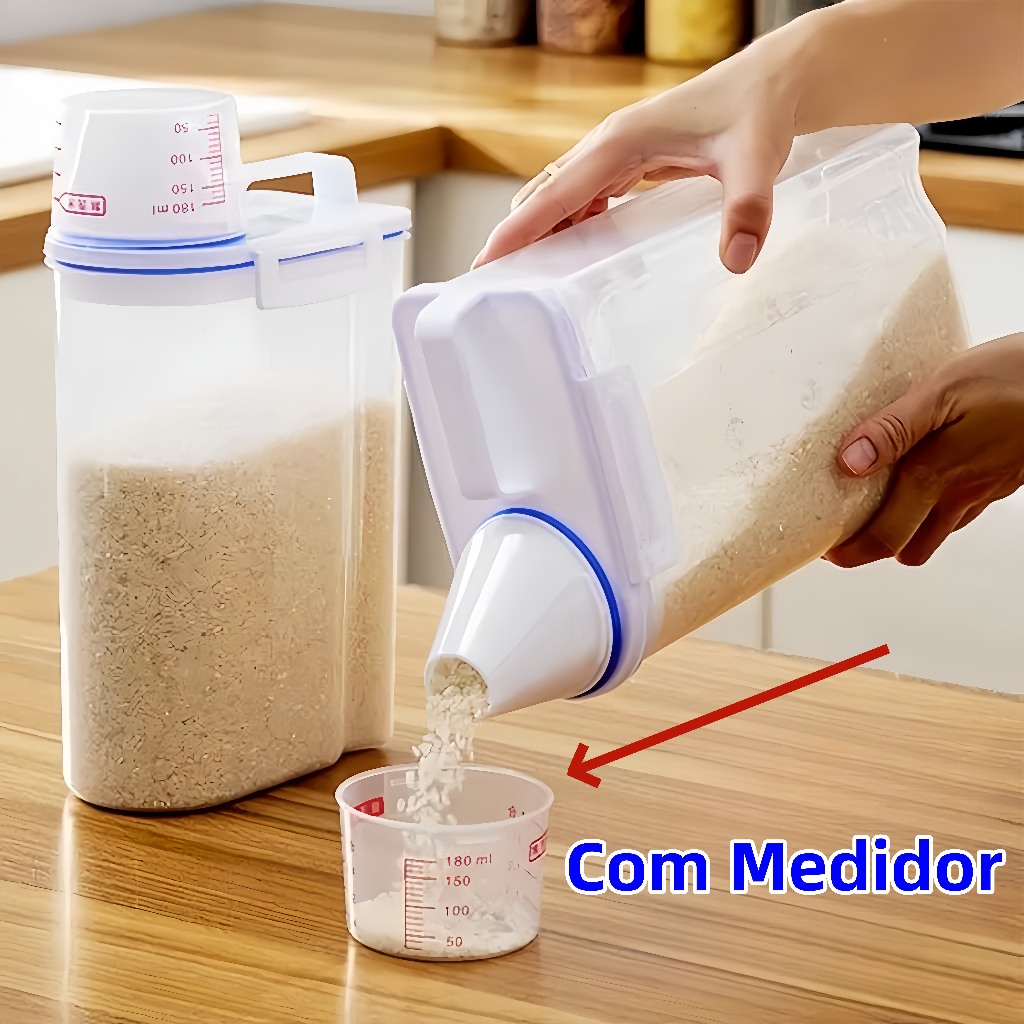 Pote Hermético Com Copo Medidor Organizador De Alimentos Mantimentos Arroz 2L