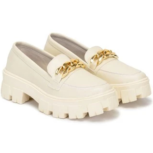 Sapato Mocassim Feminino Blogueira Off White ou Preto Confortável Corrente Oxford Sola Tratorada
