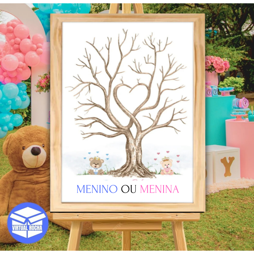 Chá Revelação Árvore Digital Urso Bebê Azul Rosa Menino Menina MDF