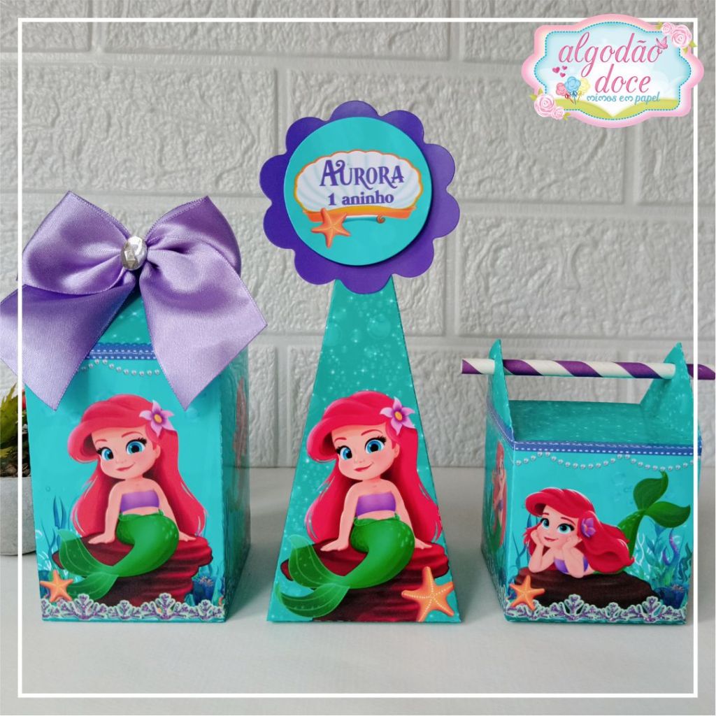 Kit 15 a 45 Caixas Personalizadas A Pequena Sereia Baby - Laço/Fita Lilás (Kit Trio) - Lembrancinhas para festa infantil