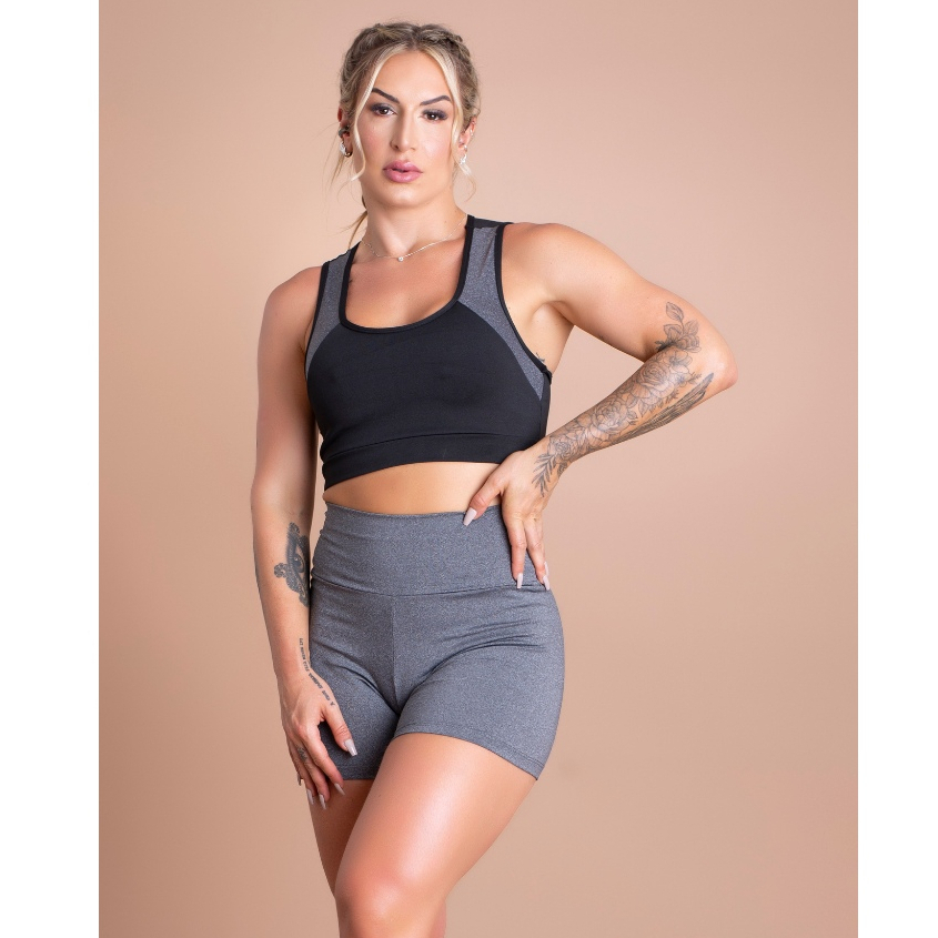 Conjunto Feminino Fitness Top Nadador Detalhe Costas E Short Cintura Alta Liso Academia Treino GJR Modas