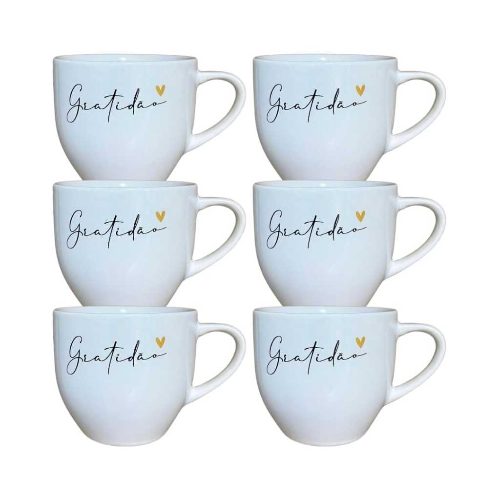 Kit 6 Xícaras Paris Porcelana Branca Gratidão Moderna 170 Ml