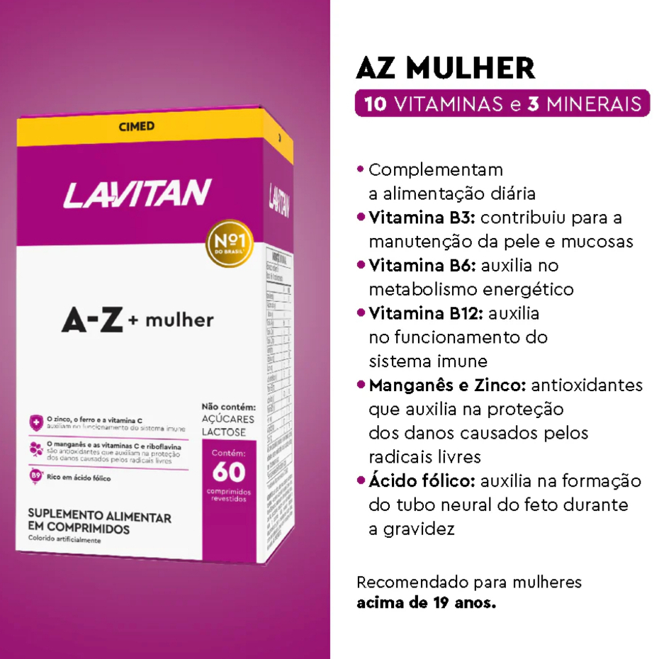 LAVITAN A-Z + MULHER SUPLEMENTO VITAMÍNICO 60 COMPRIMIDOS em Oferta na Shopee