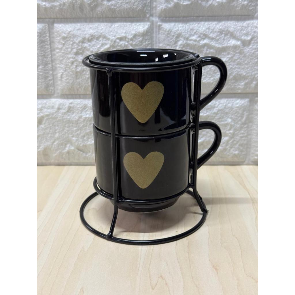 Par de Xícaras, Canecas, Preta Coração Dourado com Suporte em Oferta na Shopee
