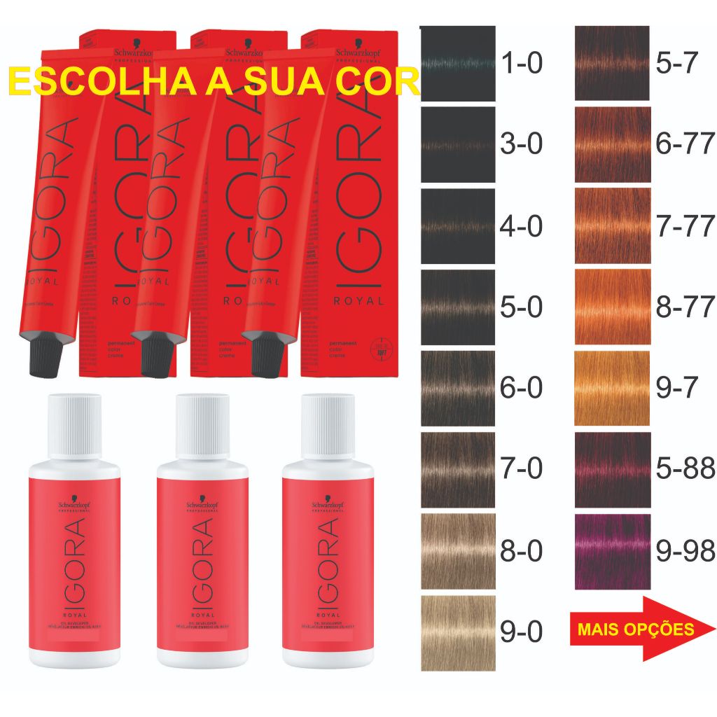 Kit 3 COLORAÇÕES IGORA ROYAL + 3 OX 60ML SCHWARZKOPF PROFESSIONAL - ESCOLHA A SUA COR E OX em Oferta na Shopee