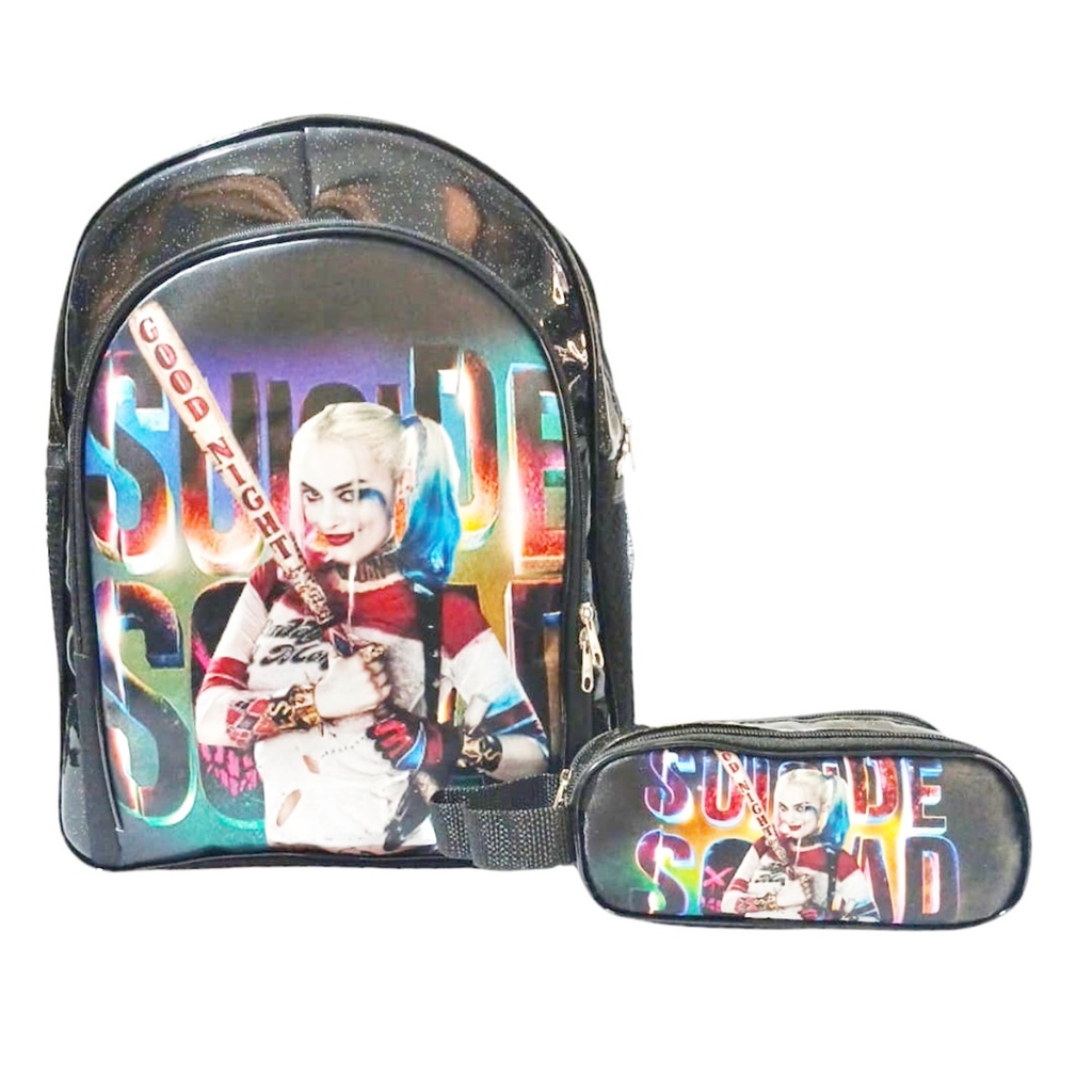 Mochila Costas Arlequina Esquadrao Suicida + Estojo de Lapis Duas Reparticoes