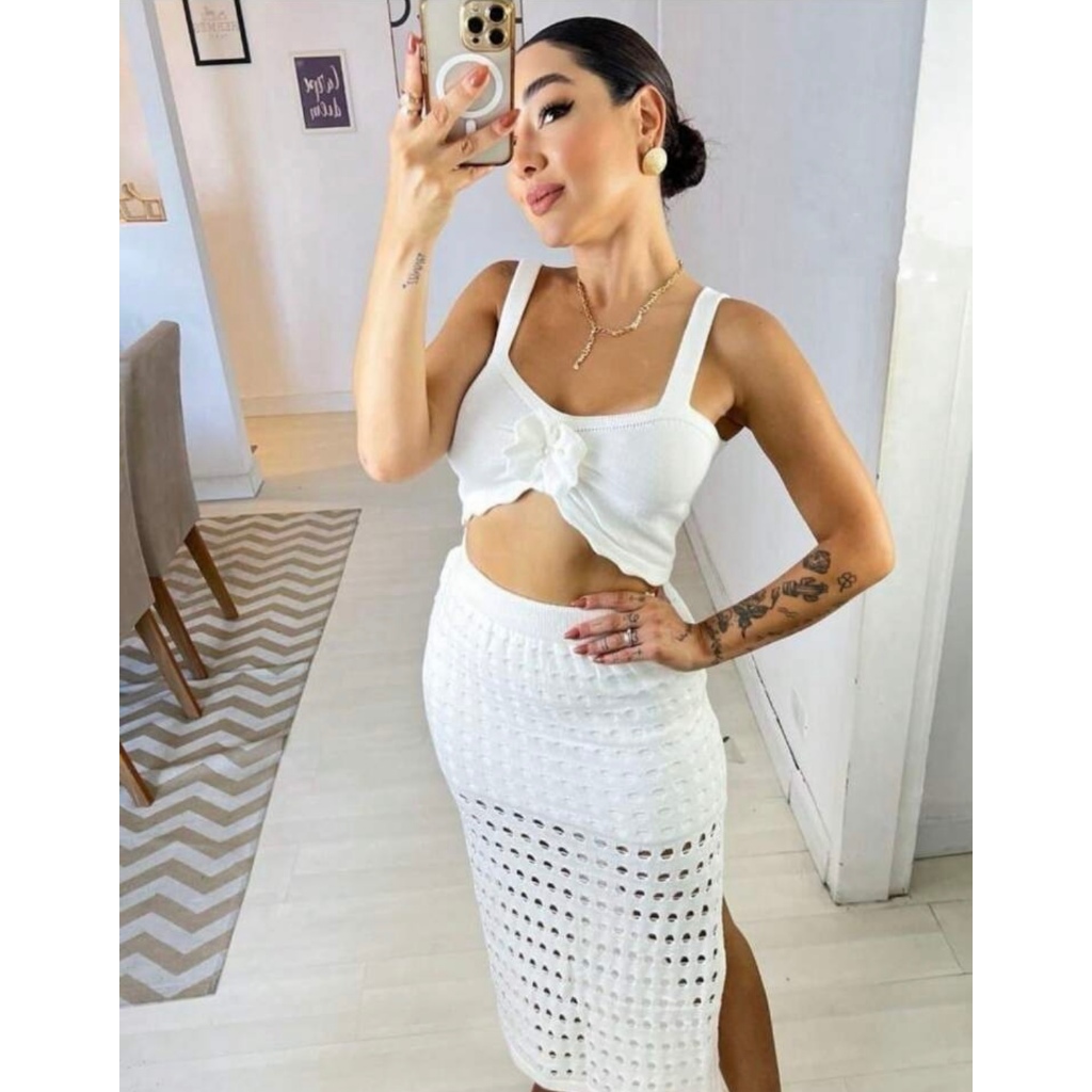 Conjunto Tricô Modal Cropped Com Saia Longo Cod:996