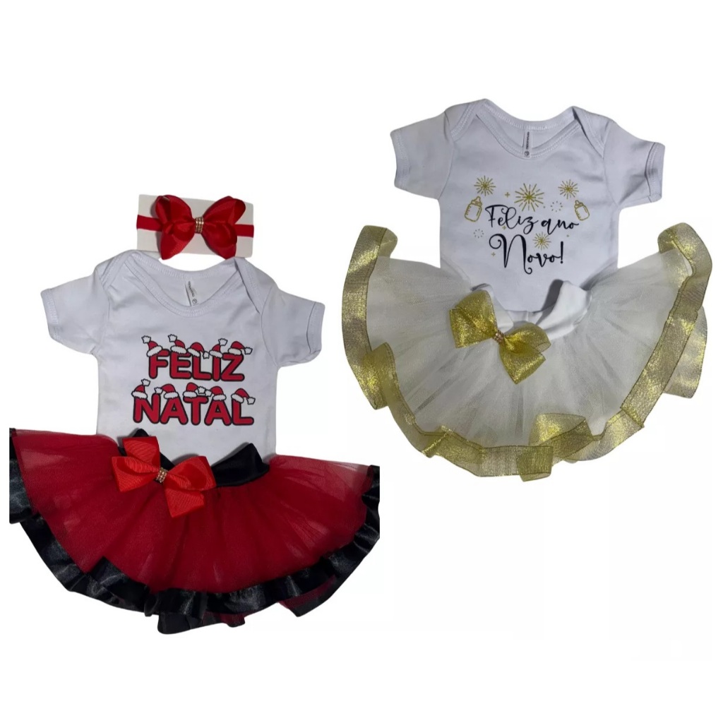 Conjunto De Bebê Menina Feliz Natal E Ano Novo 2 Conjuntos Infantil Body e Saia Tutu