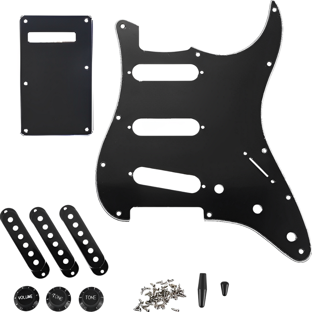 Kit Escudo Guitarra Stratocaster Strato Sss 3 Camadas Preto com knobs Placa traseira