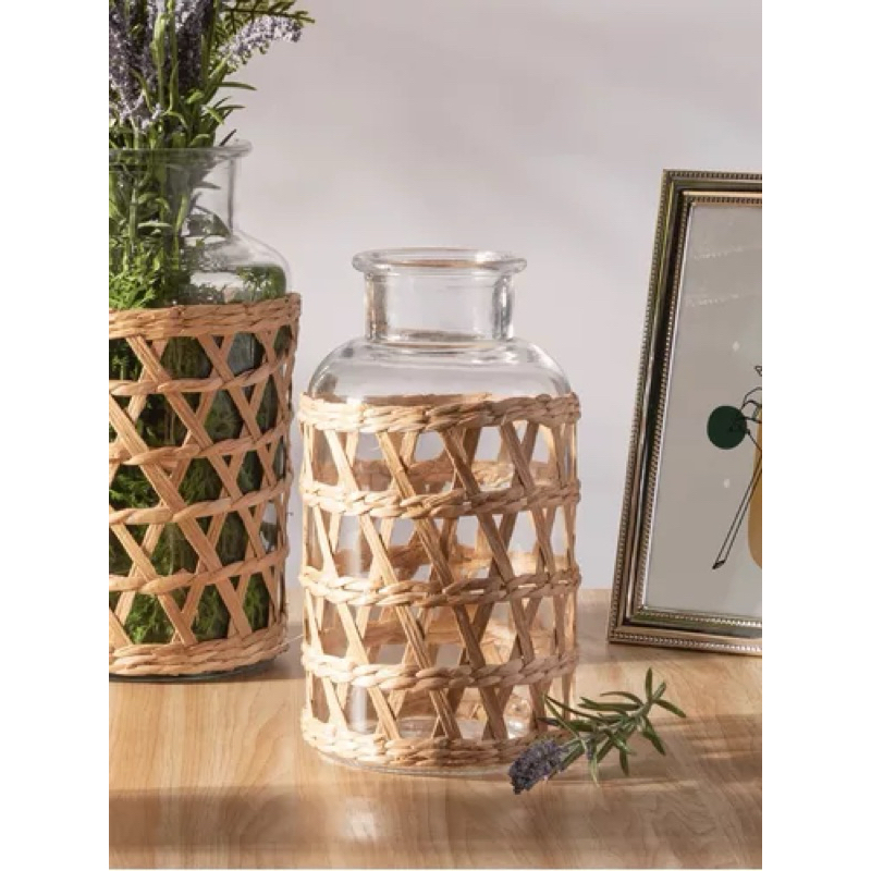 Vaso De Vidro E Fibra Natural Sisal Pote Wolff 10 X 19,5cm
